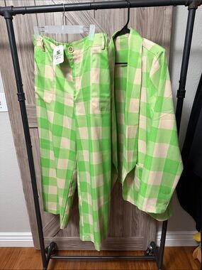 Turquoise Haven Green Cream Plaid Blazer & Pants Set Size Large